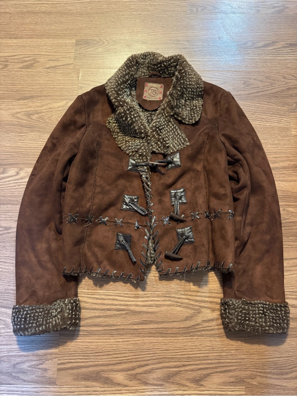 Y2K Style True Grit Brown Faux-Suede Toggle Jacket with Knit Trim